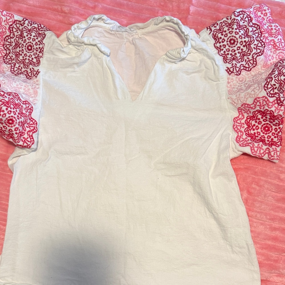 THML White Blouse with Pink Embroidered Sleeves